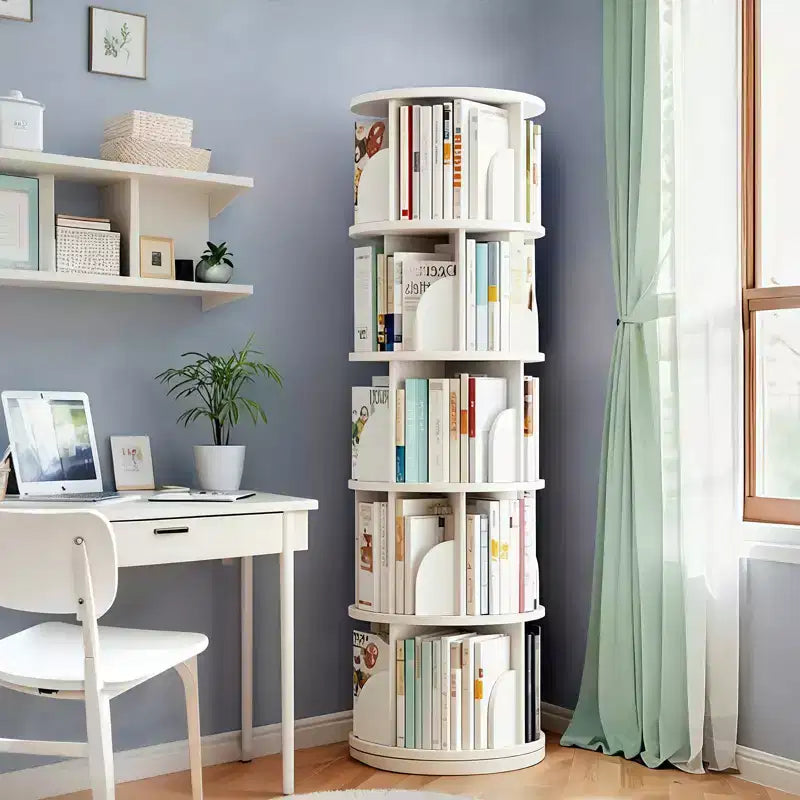 JVNOXK 5-tier rotating bookcase storage, 360 display circular rotating bookcase, space-saving, compact bedroom rotating bookcase tower, warm white
