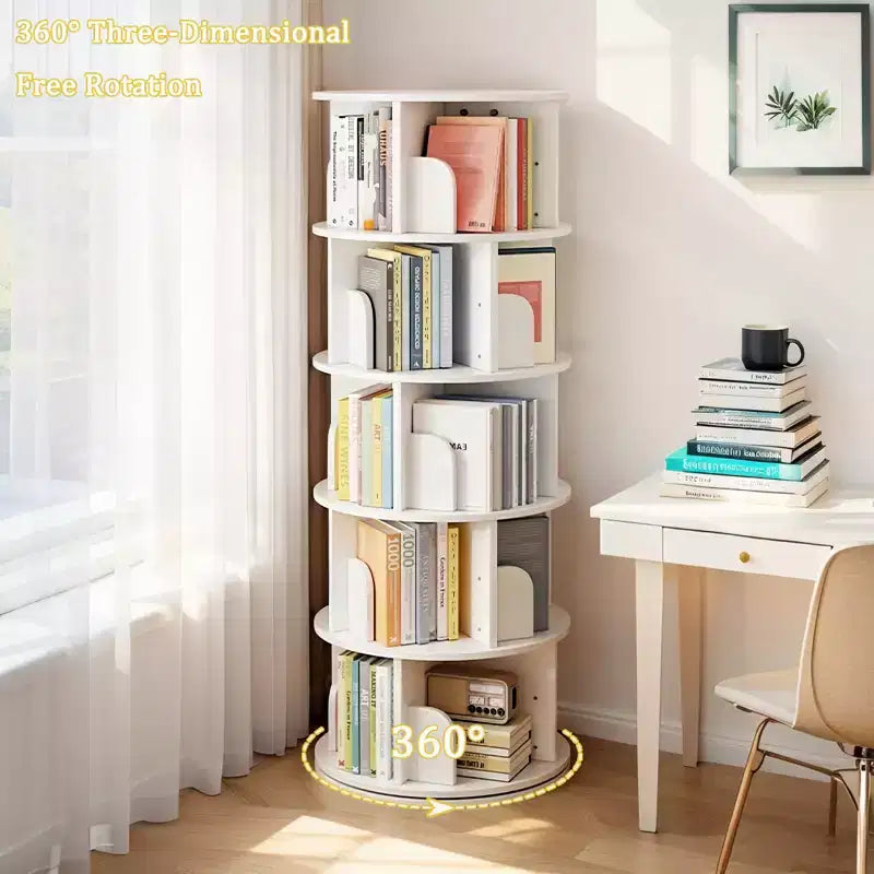 JVNOXK 5-tier rotating bookcase storage, 360 display circular rotating bookcase, space-saving, compact bedroom rotating bookcase tower, warm white