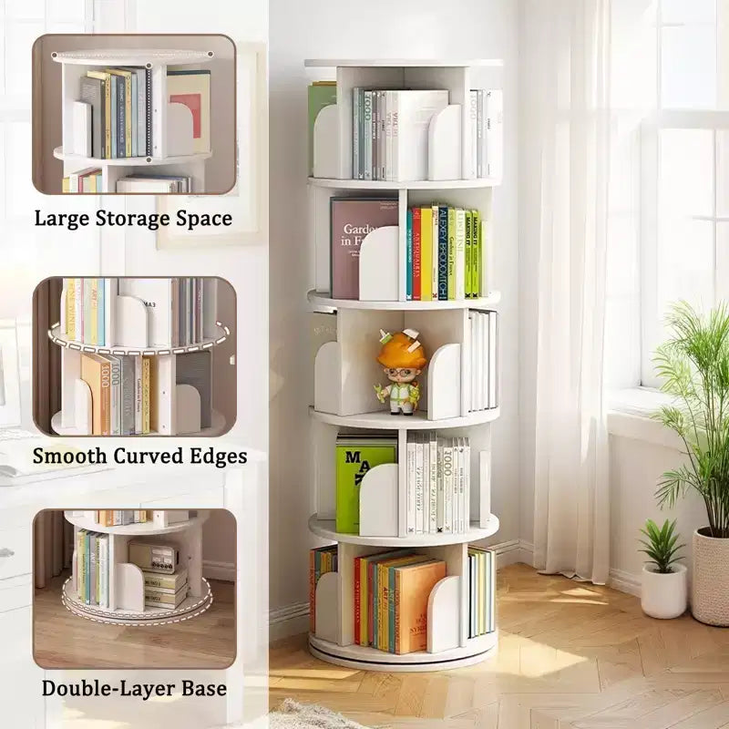 JVNOXK 5-tier rotating bookcase storage, 360 display circular rotating bookcase, space-saving, compact bedroom rotating bookcase tower, warm white
