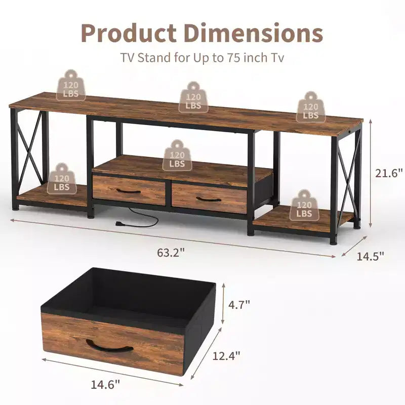 TV Stand with Fabric Drawers for 75 70 65 Inch TV, TV Console Table, Entertainment Center with Open Storage Shelves for Living Room, Bedroom, Office