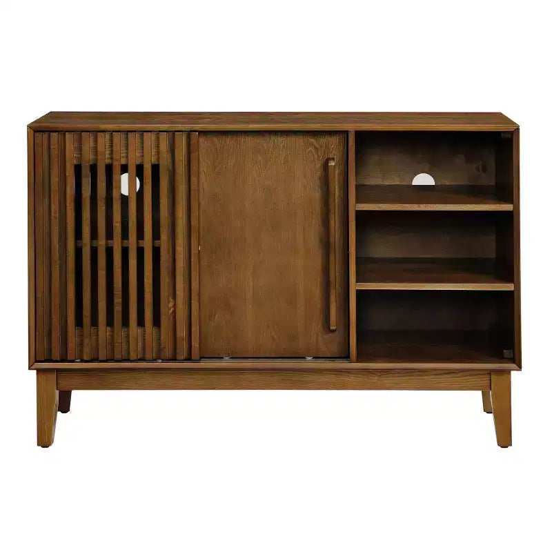 47 Mid-Century Modern Sideboard & TV Stand, Buffet Storage Cabinet with Sliding Slat Door, Solid Wood Legs - Panipeachy
