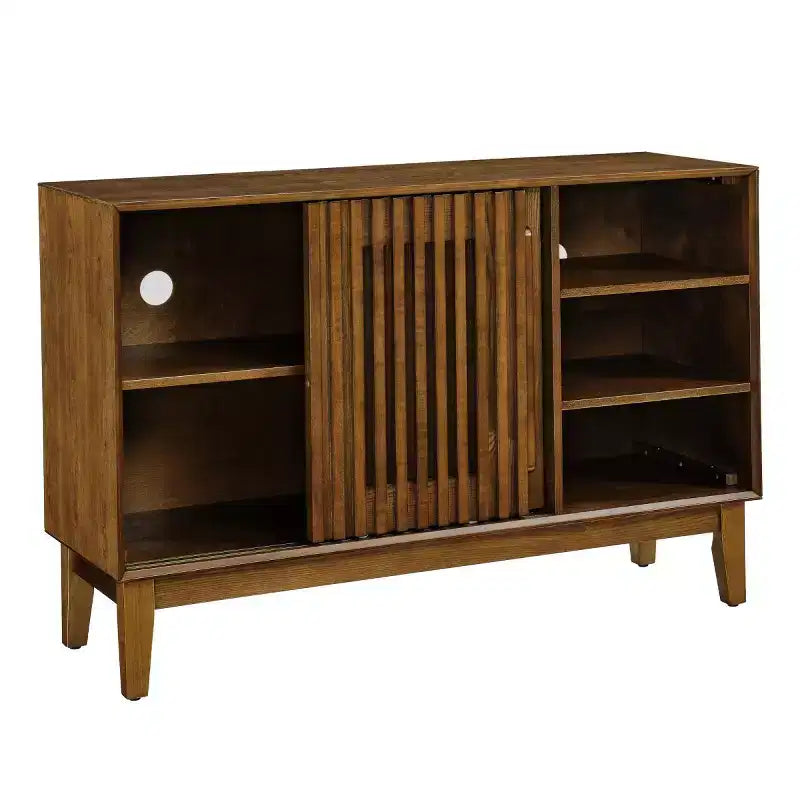 47 Mid-Century Modern Sideboard & TV Stand, Buffet Storage Cabinet with Sliding Slat Door, Solid Wood Legs - Panipeachy