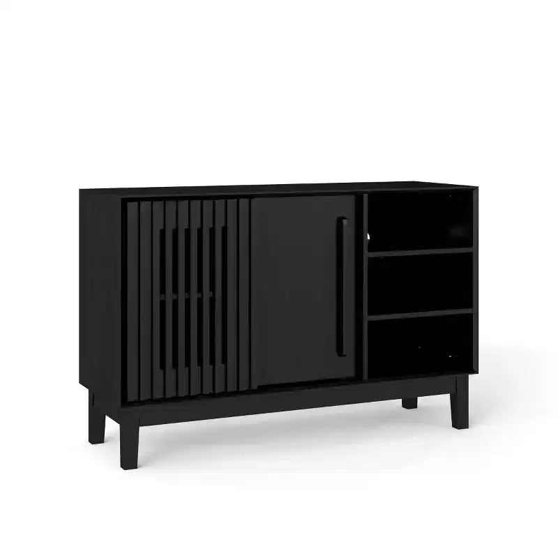 47 Mid-Century Modern Sideboard & TV Stand, Buffet Storage Cabinet with Sliding Slat Door, Solid Wood Legs - Panipeachy