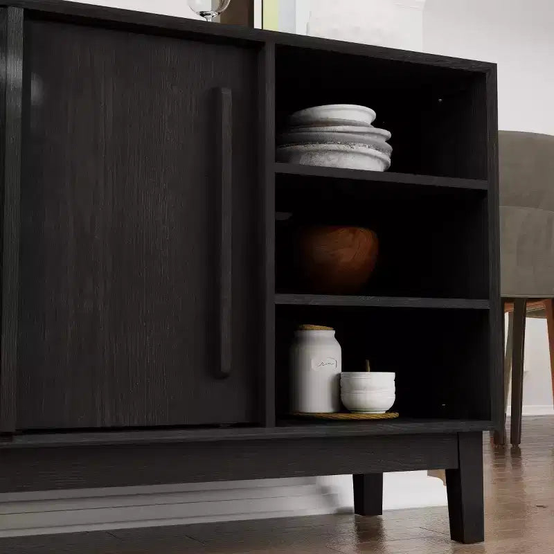 47 Mid-Century Modern Sideboard & TV Stand, Buffet Storage Cabinet with Sliding Slat Door, Solid Wood Legs - Panipeachy