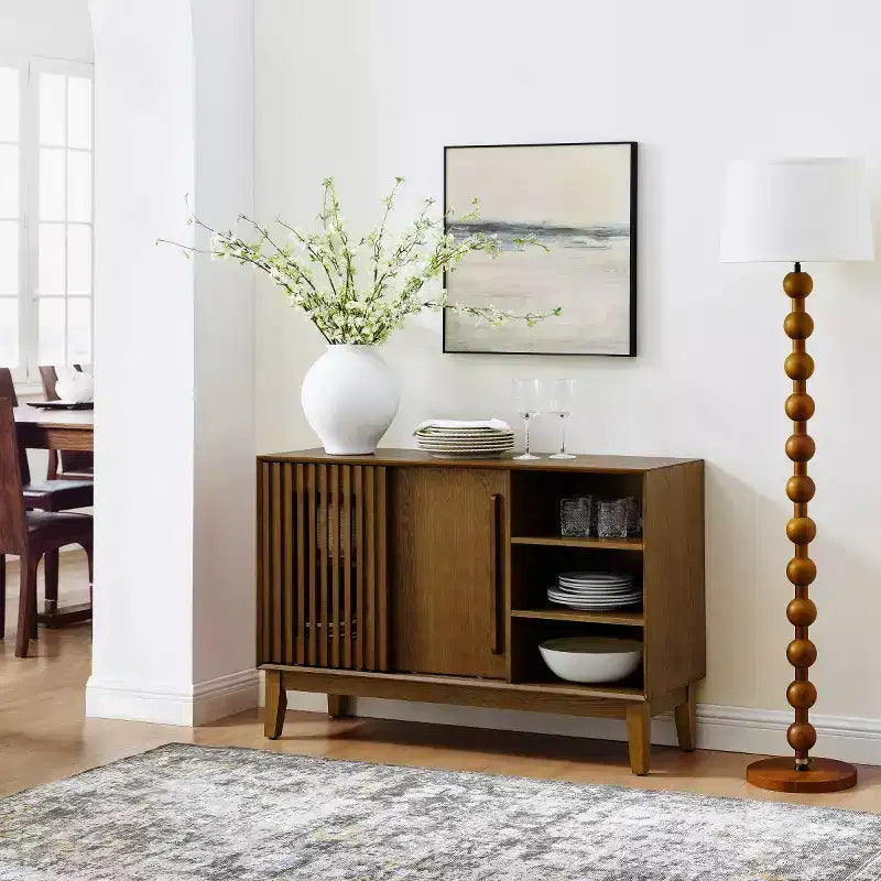 47 Mid-Century Modern Sideboard & TV Stand, Buffet Storage Cabinet with Sliding Slat Door, Solid Wood Legs - Panipeachy