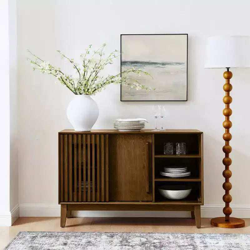 47 Mid-Century Modern Sideboard & TV Stand, Buffet Storage Cabinet with Sliding Slat Door, Solid Wood Legs - Panipeachy
