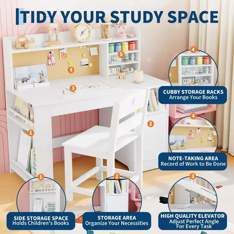 COZONY Kids Study Desk & Chair Set with Storage, Tiltable Desktop and Hutch, Wooden Student Writing Table for 3-9 Year Olds, Adjustable Desk