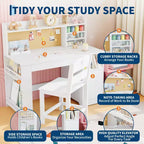COZONY Kids Study Desk & Chair Set with Storage, Tiltable Desktop and Hutch, Wooden Student Writing Table for 3-9 Year Olds, Adjustable Desk