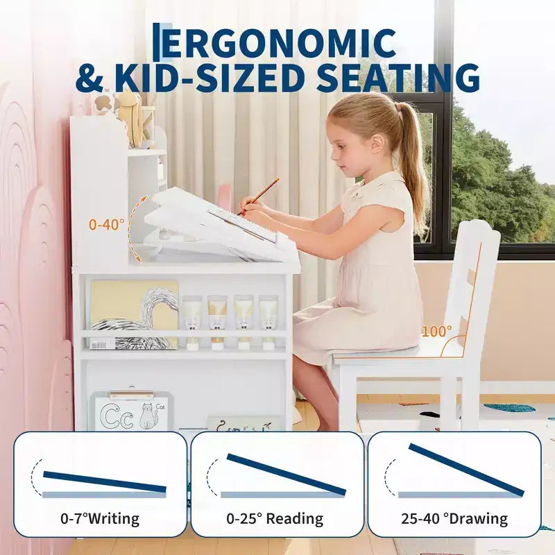 COZONY Kids Study Desk & Chair Set with Storage, Tiltable Desktop and Hutch, Wooden Student Writing Table for 3-9 Year Olds, Adjustable Desk