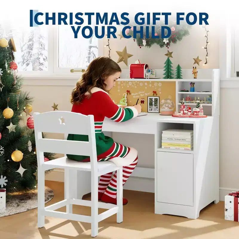 COZONY Kids Study Desk & Chair Set with Storage, Tiltable Desktop and Hutch, Wooden Student Writing Table for 3-9 Year Olds, Adjustable Desk