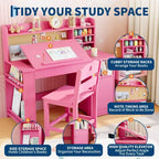 COZONY Kids Study Desk & Chair Set with Storage, Tiltable Desktop and Hutch, Wooden Student Writing Table for 3-9 Year Olds, Adjustable Desk