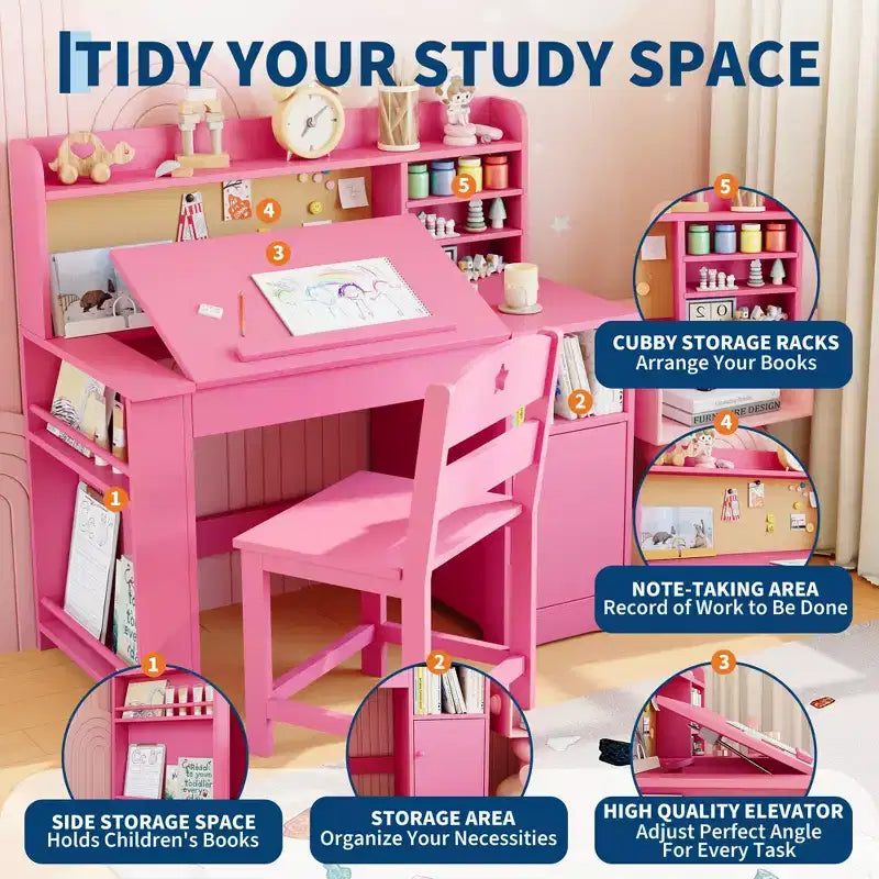 COZONY Kids Study Desk & Chair Set with Storage, Tiltable Desktop and Hutch, Wooden Student Writing Table for 3-9 Year Olds, Adjustable Desk