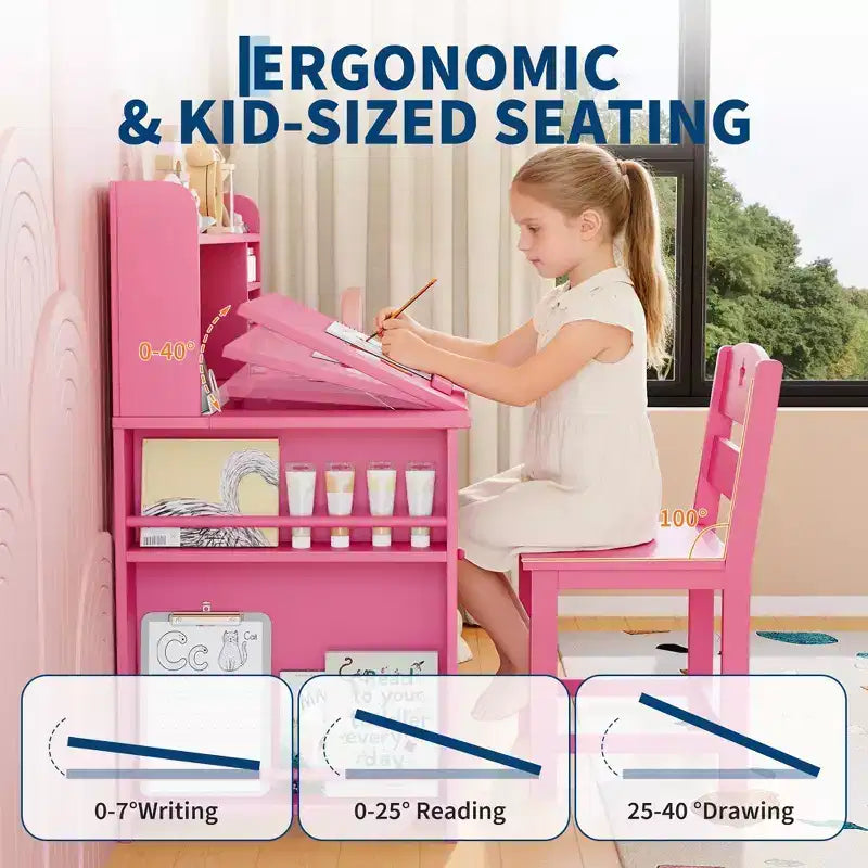 COZONY Kids Study Desk & Chair Set with Storage, Tiltable Desktop and Hutch, Wooden Student Writing Table for 3-9 Year Olds, Adjustable Desk