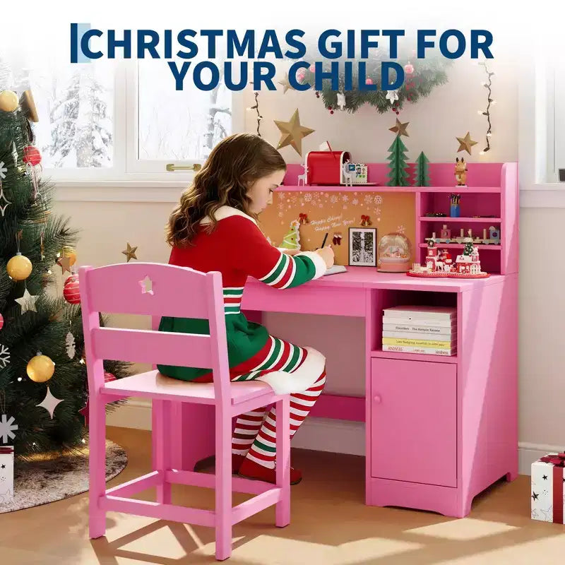 COZONY Kids Study Desk & Chair Set with Storage, Tiltable Desktop and Hutch, Wooden Student Writing Table for 3-9 Year Olds, Adjustable Desk