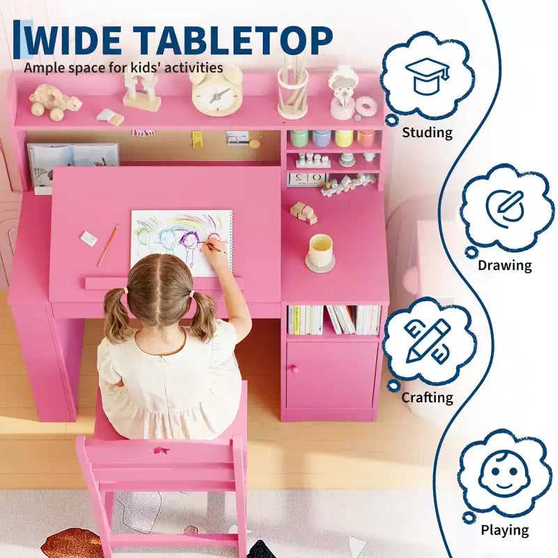 COZONY Kids Study Desk & Chair Set with Storage, Tiltable Desktop and Hutch, Wooden Student Writing Table for 3-9 Year Olds, Adjustable Desk