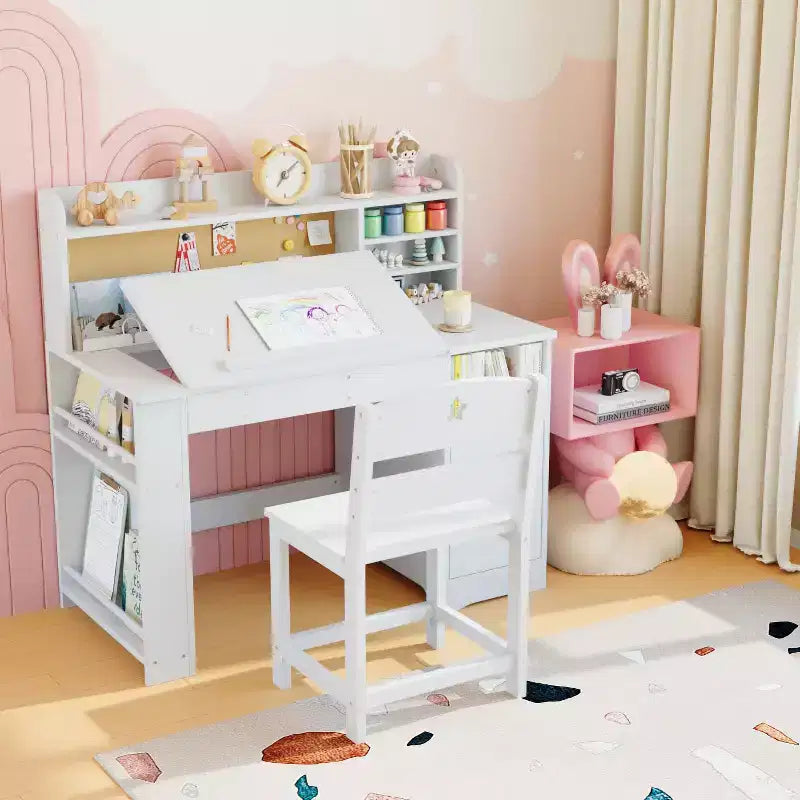 COZONY Kids Study Desk & Chair Set with Storage, Tiltable Desktop and Hutch, Wooden Student Writing Table for 3-9 Year Olds, Adjustable Desk
