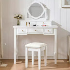 GDFStudio Hailey Makeup Vanity Table with Reversible Mirror, Faux Leather Stool and 5 Drawers