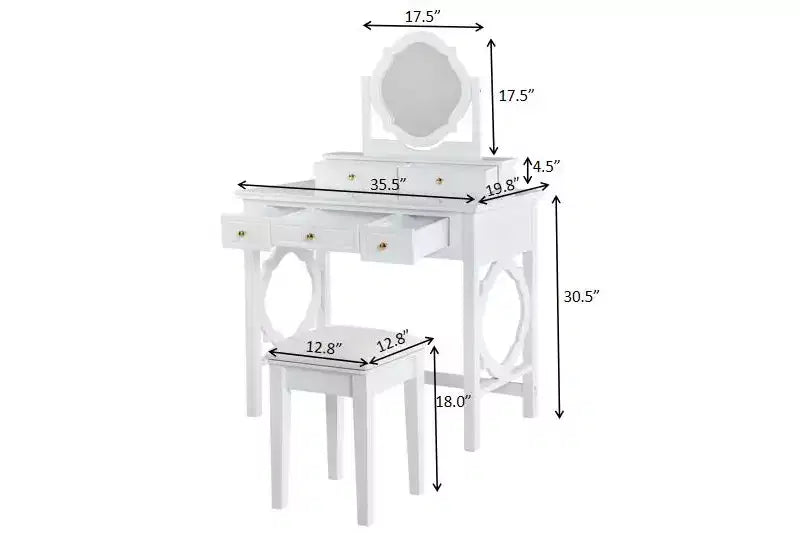 GDFStudio Hailey Makeup Vanity Table with Reversible Mirror, Faux Leather Stool and 5 Drawers