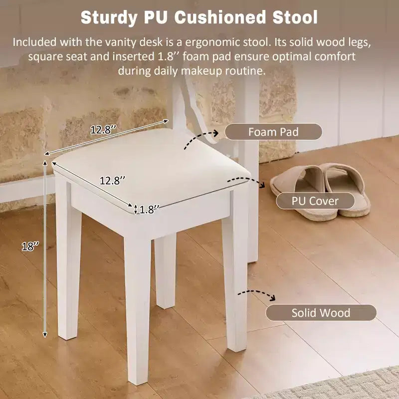 GDFStudio Hailey Makeup Vanity Table with Reversible Mirror, Faux Leather Stool and 5 Drawers