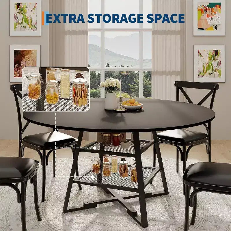 Round Dining Table for 4, 42 Inch Kitchen Table with Storage Shelf, High Top Farmhouse Design Wood & Metal, Family Dining Table for 4-6 People