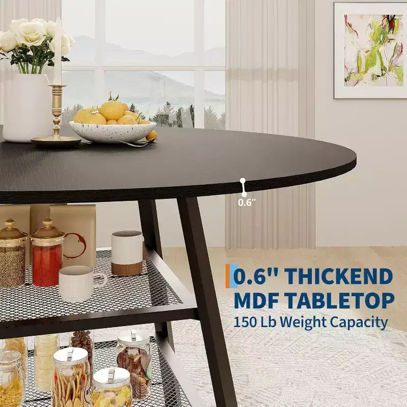 Round Dining Table for 4, 42 Inch Kitchen Table with Storage Shelf, High Top Farmhouse Design Wood & Metal, Family Dining Table for 4-6 People