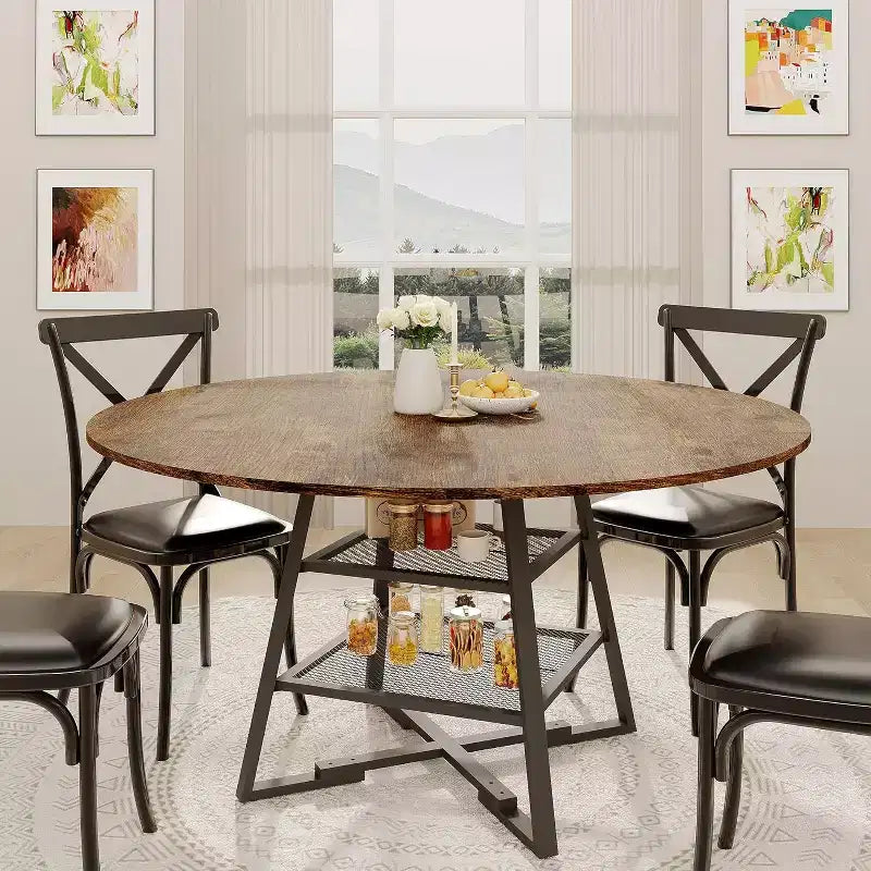 Round Dining Table for 4, 42 Inch Kitchen Table with Storage Shelf, High Top Farmhouse Design Wood & Metal, Family Dining Table for 4-6 People