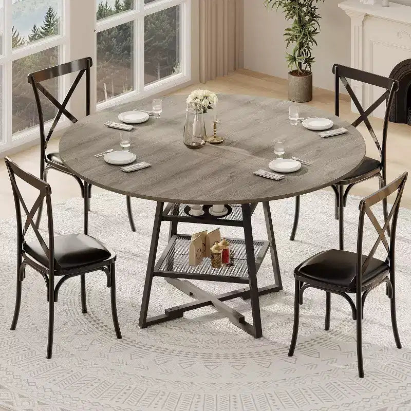 Round Dining Table for 4, 42 Inch Kitchen Table with Storage Shelf, High Top Farmhouse Design Wood & Metal, Family Dining Table for 4-6 People