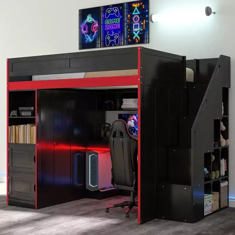 Letto a soppalco da gaming GDFStudio Barnes con scrivania e contenitore, luci LED