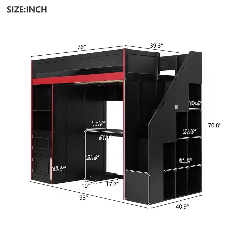 Letto a soppalco da gaming GDFStudio Barnes con scrivania e contenitore, luci LED