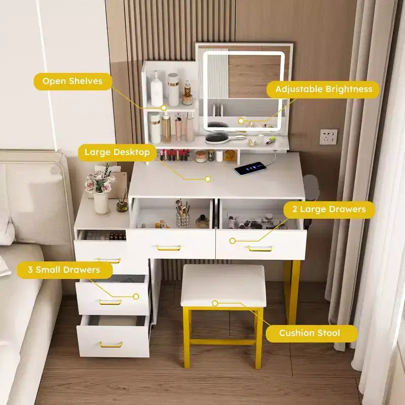 Makeup Vanity with LED Lights 3 Color Modes, Dressing Table with Power Outlet, 5 Drawers & Metal Chair for Bedroom