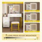 Makeup Vanity with LED Lights 3 Color Modes, Dressing Table with Power Outlet, 5 Drawers & Metal Chair for Bedroom