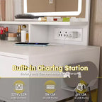 Makeup Vanity with LED Lights 3 Color Modes, Dressing Table with Power Outlet, 5 Drawers & Metal Chair for Bedroom
