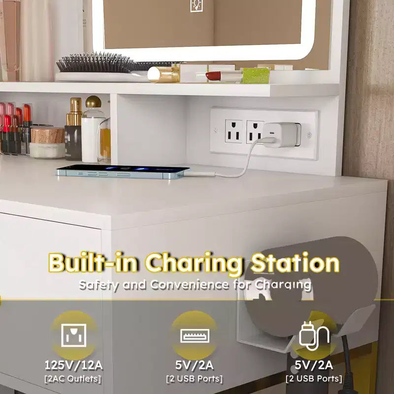 Makeup Vanity with LED Lights 3 Color Modes, Dressing Table with Power Outlet, 5 Drawers & Metal Chair for Bedroom