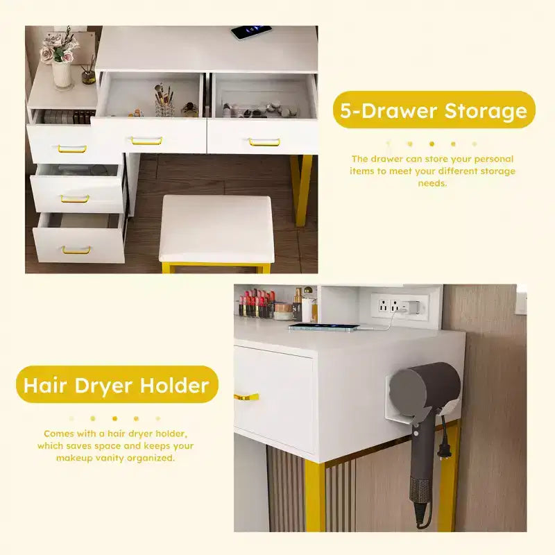 Makeup Vanity with LED Lights 3 Color Modes, Dressing Table with Power Outlet, 5 Drawers & Metal Chair for Bedroom