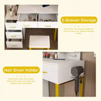 Makeup Vanity with LED Lights 3 Color Modes, Dressing Table with Power Outlet, 5 Drawers & Metal Chair for Bedroom