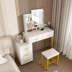Makeup Vanity with LED Lights 3 Color Modes, Dressing Table with Power Outlet, 5 Drawers & Metal Chair for Bedroom