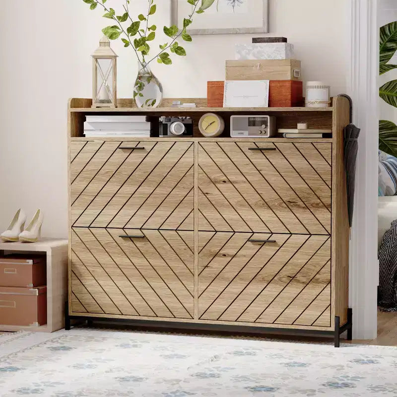 Farmhouse Shoe Storage Cabinet with 4 Flip Doors, Narrow Shoe Rack Organizer for Entryway Hallway Living Room
