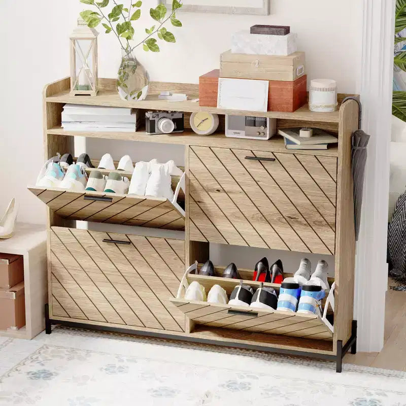Farmhouse Shoe Storage Cabinet with 4 Flip Doors, Narrow Shoe Rack Organizer for Entryway Hallway Living Room
