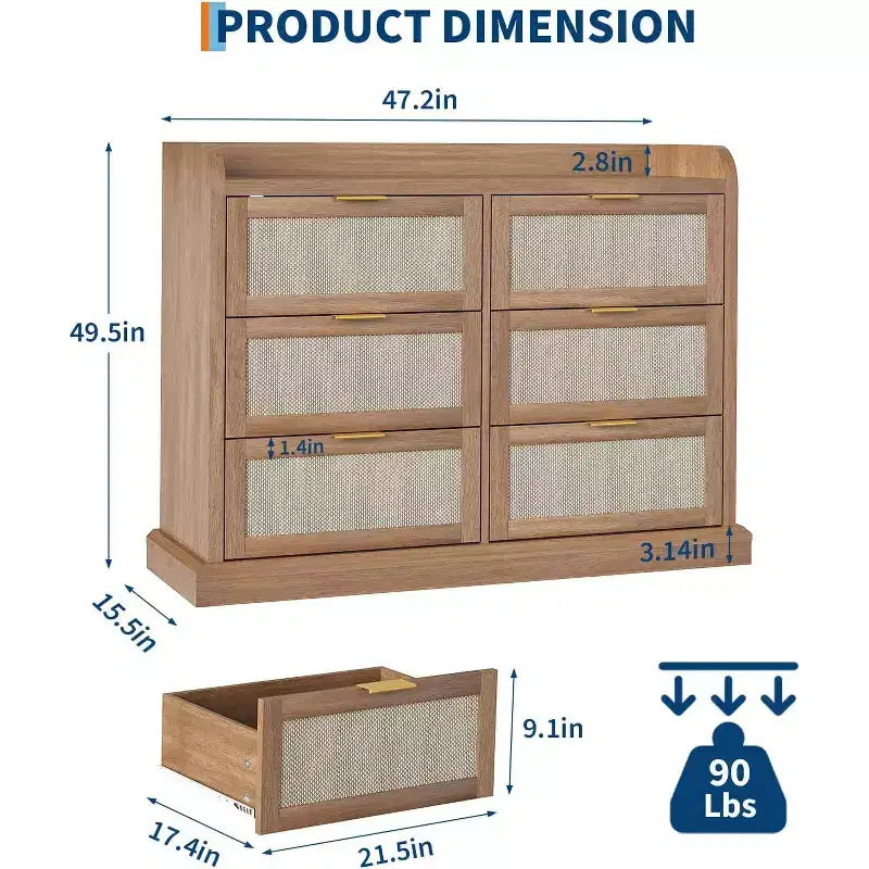 6 Drawer Dresser for Bedroom,Rattan Chest of Dressers,Boho Chest of Drawers,Wooden Dresser Chest,Beside Table for Living Room/Closet/Bedroom