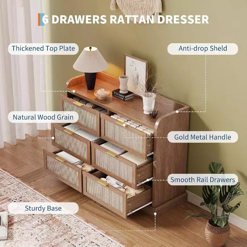 6 Drawer Dresser for Bedroom,Rattan Chest of Dressers,Boho Chest of Drawers,Wooden Dresser Chest,Beside Table for Living Room/Closet/Bedroom
