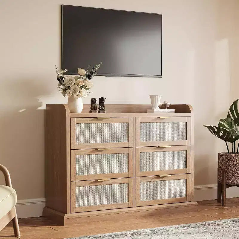 6 Drawer Dresser for Bedroom,Rattan Chest of Dressers,Boho Chest of Drawers,Wooden Dresser Chest,Beside Table for Living Room/Closet/Bedroom