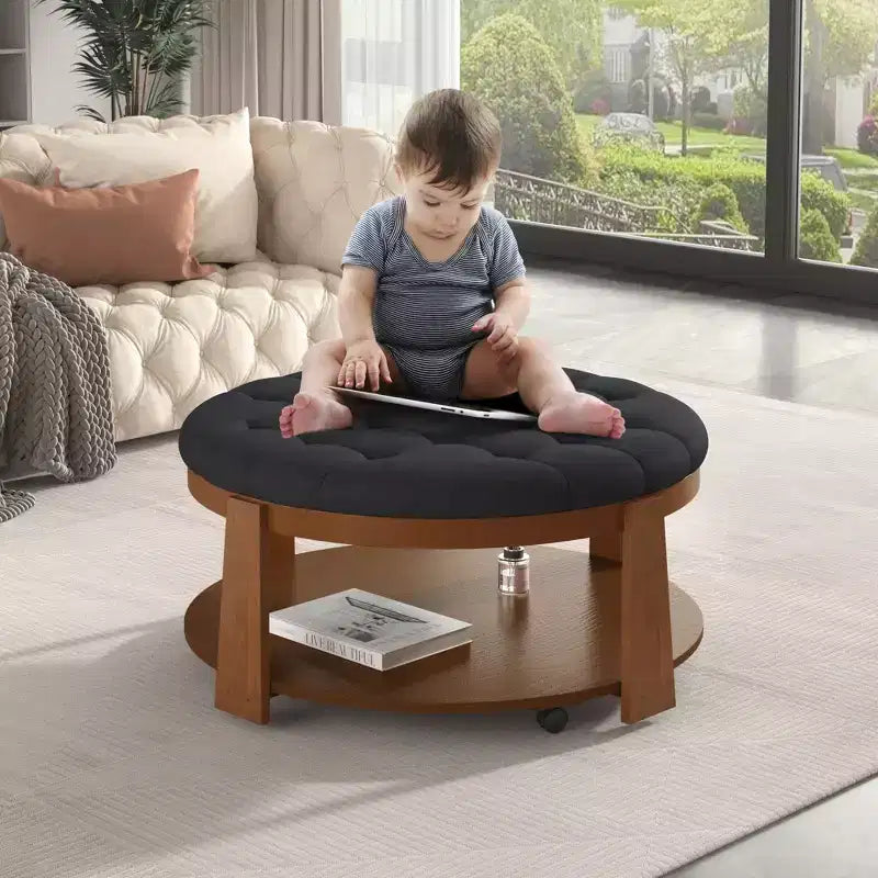Round Ottoman Coffee Table, Large 2-Tier Button Tufted Upholstered Coffee Table with Wheels, Waterproof Fabric Footrest Ottoman for Living Room