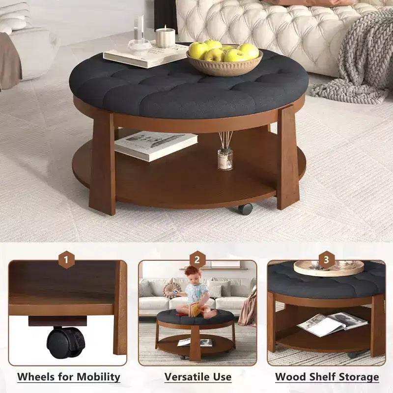 Round Ottoman Coffee Table, Large 2-Tier Button Tufted Upholstered Coffee Table with Wheels, Waterproof Fabric Footrest Ottoman for Living Room