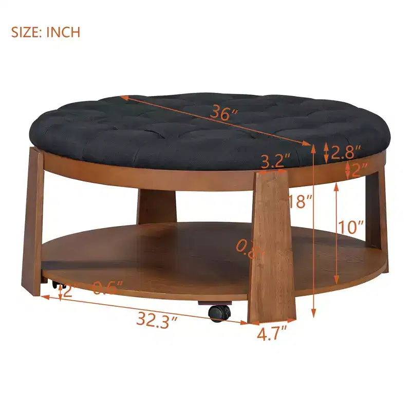 Round Ottoman Coffee Table, Large 2-Tier Button Tufted Upholstered Coffee Table with Wheels, Waterproof Fabric Footrest Ottoman for Living Room