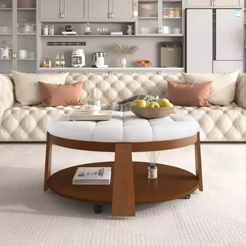 Round Ottoman Coffee Table, Large 2-Tier Button Tufted Upholstered Coffee Table with Wheels, Waterproof Fabric Footrest Ottoman for Living Room