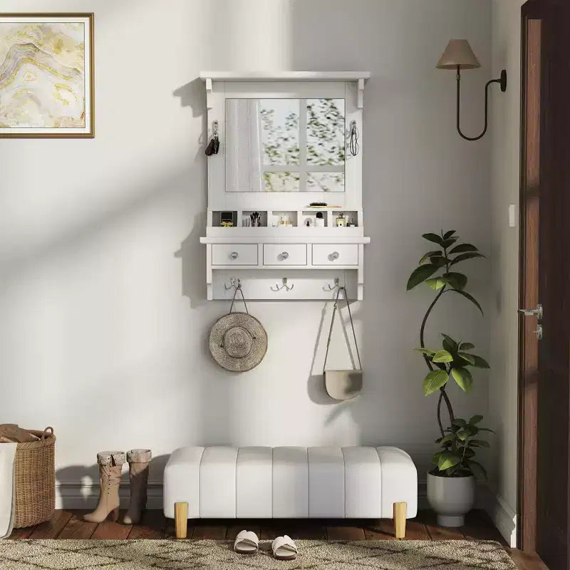 GDFStudio Theirn Versatile Floating Makeup Vanity with Mirror, 3 Drawers, 5 Pockets and 5 Hooks