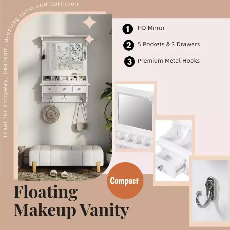 GDFStudio Theirn Versatile Floating Makeup Vanity with Mirror, 3 Drawers, 5 Pockets and 5 Hooks