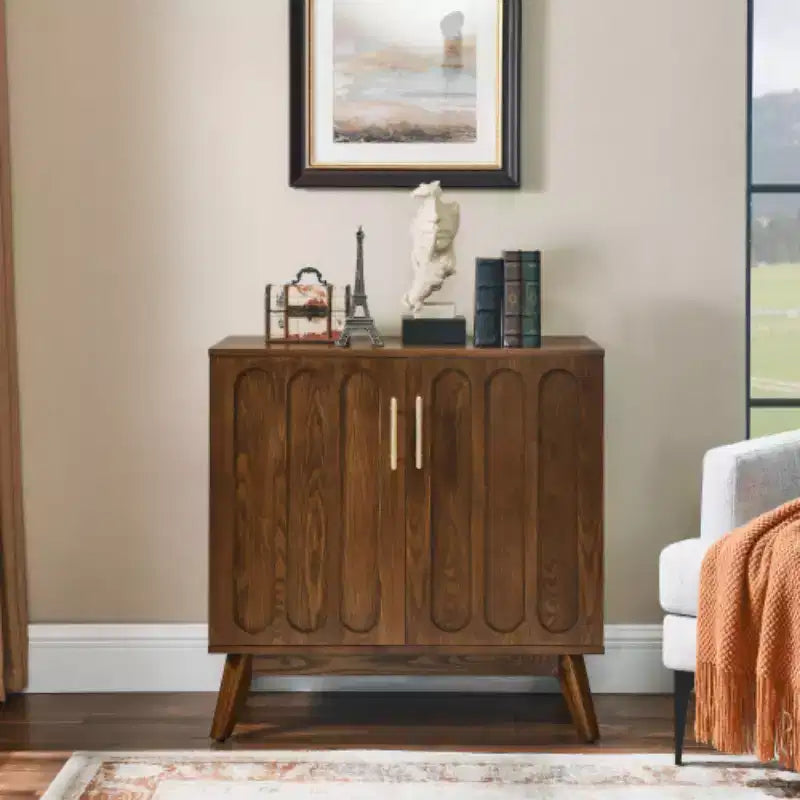 32 Mid-Century Modern Fluted Accent Storage Cabinet, Small 2-Door Sideboard with Solid Wood Legs and Gold Handles - Panipeachy