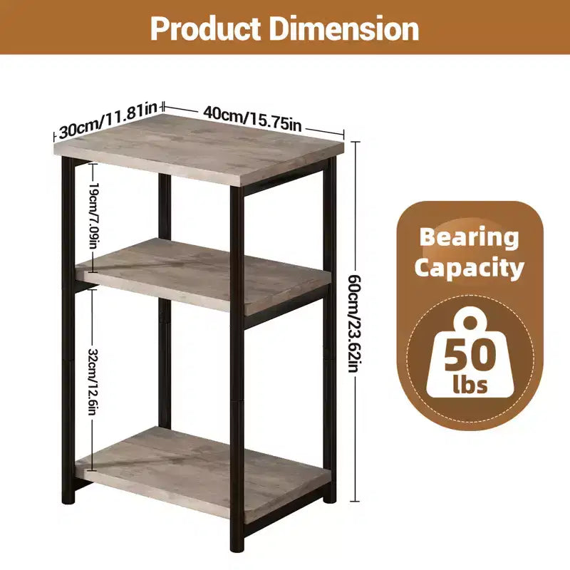 Rustic 3-Tier Side Table C Space-Saving Narrow End Table with Storage Shelves C Slim Bedside Bedside Table for Living Room, Bedroom,GRAY