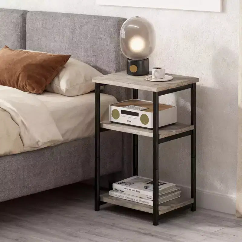 Rustic 3-Tier Side Table C Space-Saving Narrow End Table with Storage Shelves C Slim Bedside Bedside Table for Living Room, Bedroom,GRAY